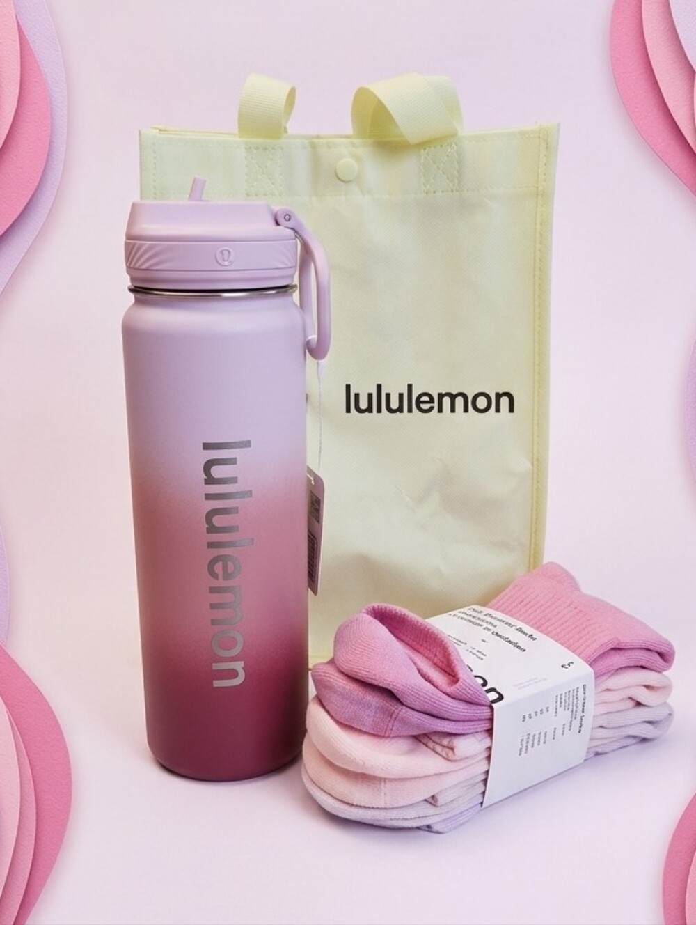 Lululemon Pink SET 24oz Water Bottle 3pk Socks & Reusable Shopping Bag Gift